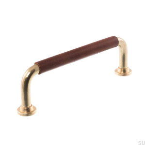 Tirador para mueble alargado 1353 96 Latón pulido con cuero marrón
