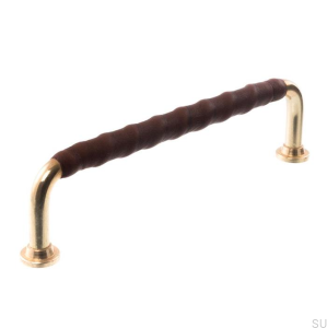 Tirador para mueble alargado 1353 128 Latón pulido con cuero marrón