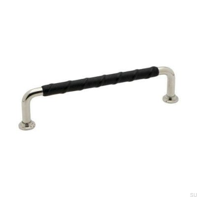 Tirador para mueble alargado 1353128 Plata níquel pulido Cuero natural negro