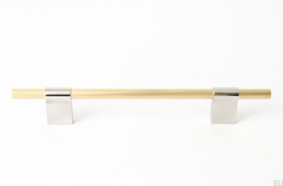 Tirador para mueble rectangular Line Mix 128. Latón, cepillado sin pintar, con acero pulido