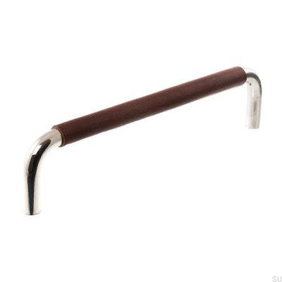 Tirador para mueble alargado LS 7353 96 Níquel pulido con cuero marrón oscuro