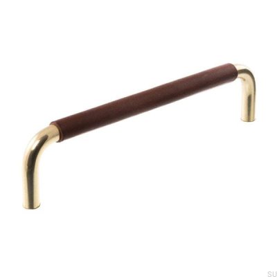Tirador para mueble alargado LL 7353 96 Oro pulido con cuero marrón oscuro