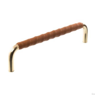 Tirador para mueble alargado LL 7353 96 Oro pulido con cuero marrón