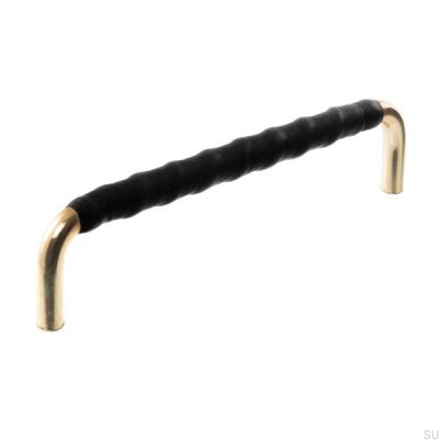 Tirador para mueble alargado LL 7353 96 Oro pulido con cuero negro