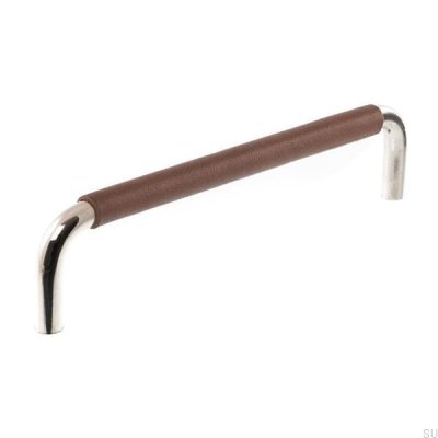 Tirador para mueble alargado LS 7353 128 Níquel pulido con cuero marrón