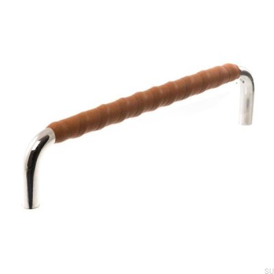 Tirador para mueble alargado LL 7353 128 Níquel pulido con cuero marrón