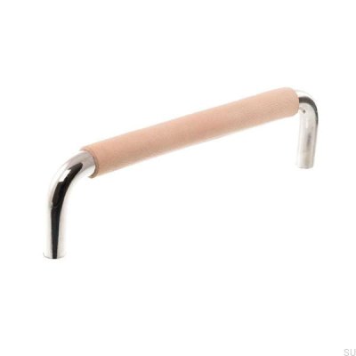 Tirador para mueble alargado LS 7353 128 Níquel pulido con cuero natural