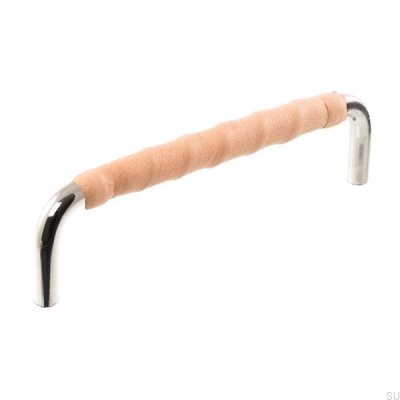 Tirador para mueble alargado LL 7353 128 Níquel pulido con cuero natural