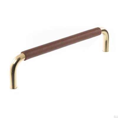 Tirador para mueble alargado LS 7353 128 Oro pulido con cuero marrón