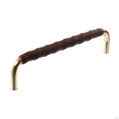 Tirador para mueble alargado LL 7353 128 Oro pulido con cuero marrón oscuro
