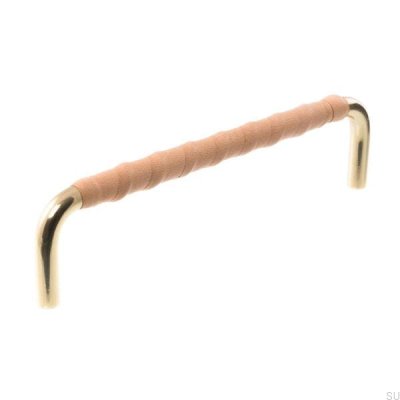 Tirador para mueble alargado LL 7353 128 Oro pulido con cuero natural