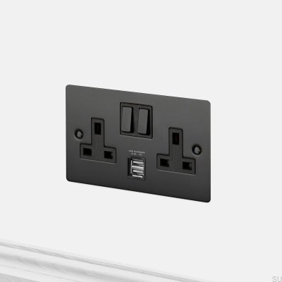 Toma de corriente doble USB 3.1A tipo G UK 2G de acero negro, estándar británico