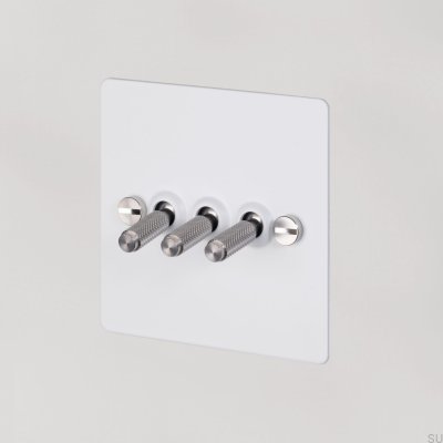 Triple interruptor cruzado 3G de acero blanco con acabado plateado estándar británico
