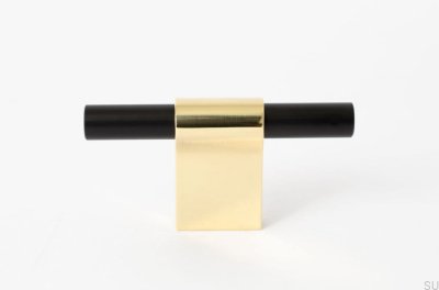 Pomo para mueble T-Bar Line Mix 60. Latón pulido, sin barnizar con negro