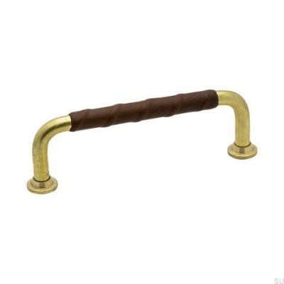 Tirador para mueble alargado 1353 96 Oro Latón Sin pintar Cuero marrón natural