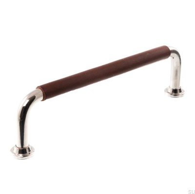 Tirador para mueble alargado LS 1353 96 Níquel pulido con cuero marrón oscuro