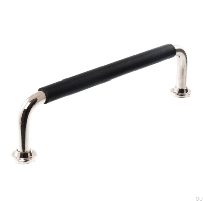 Tirador para mueble alargado LS 1353 96 Níquel pulido con cuero negro