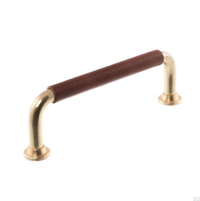 Tirador para mueble alargado LS 1353 96 Latón pulido con cuero marrón oscuro