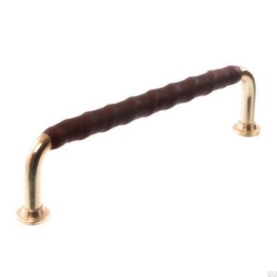 Tirador para mueble alargado LL 1353 96 Latón pulido con cuero marrón oscuro
