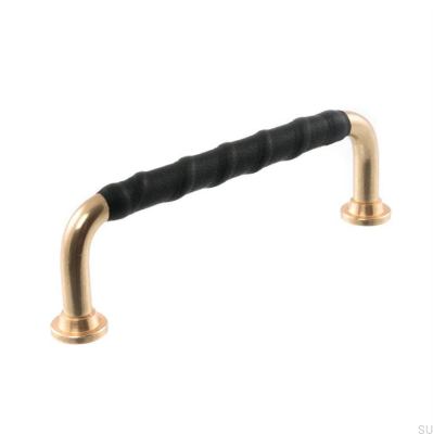 Tirador para mueble alargado LL 1353 96 Latón pulido con cuero negro