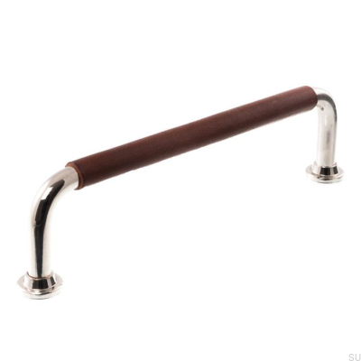 Tirador para mueble rectangular 1132LS 1353 128 Níquel pulido con cuero marrón