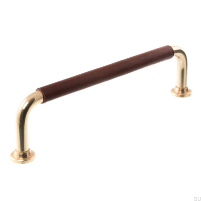 Tirador para mueble alargado 0132LS 1353 128 Latón pulido con cuero marrón