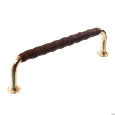 Tirador para mueble alargado 0132LL 1353 128 Latón pulido con cuero marrón