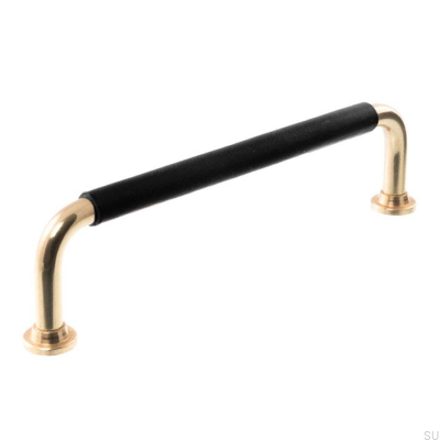 Tirador para mueble alargado LS 1353 128 Latón pulido con cuero negro