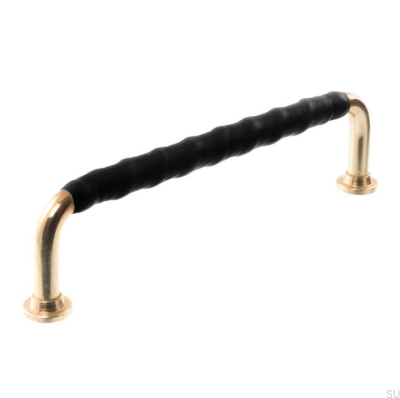 Tirador para mueble alargado LL 1353 128 Latón pulido con cuero negro