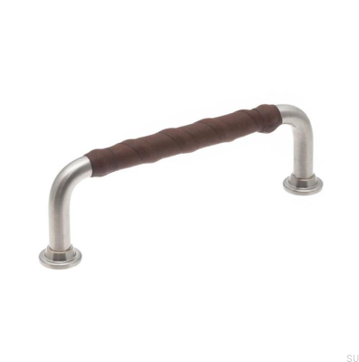 Tirador para mueble alargado 1353 96 Níquel Cepillado con Piel Marrón