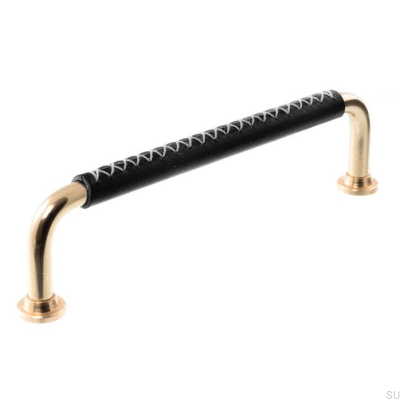 Tirador para mueble alargado LX 1353 96 Latón pulido con cuero negro
