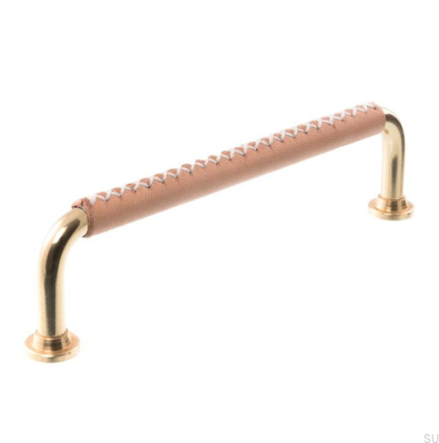 Tirador para mueble alargado 1353 96 Latón pulido con cuero