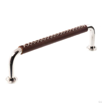 Tirador para mueble alargado 1132LX 1353128 Níquel pulido con cuero marrón
