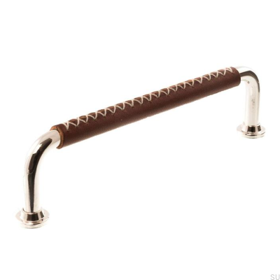 Tirador para mueble alargado 1131LX 1353128 Níquel pulido con cuero marrón