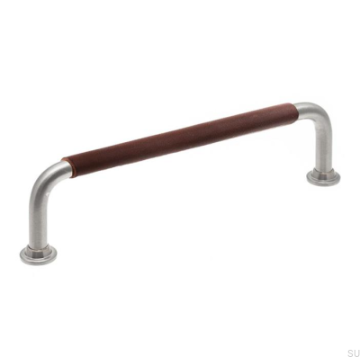 Tirador para mueble alargado LS 1353 128 Níquel cepillado con cuero marrón oscuro