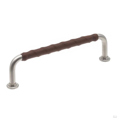 Tirador para mueble alargado LL 1353 128 Níquel cepillado con cuero marrón oscuro
