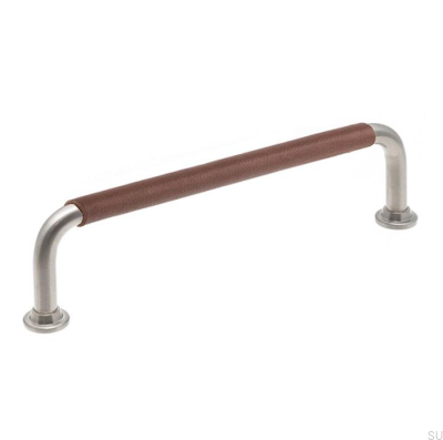 Tirador para mueble alargado LS 1353 128 Níquel cepillado con cuero marrón