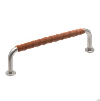 Tirador para mueble alargado LL 1353 128 Níquel cepillado con cuero marrón