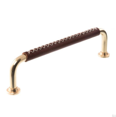 Tirador para mueble alargado 0132LX 1353 128 Latón pulido con cuero marrón
