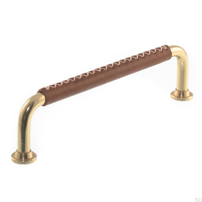 Tirador para mueble alargado 0131LX 1353 128 Latón pulido con cuero marrón