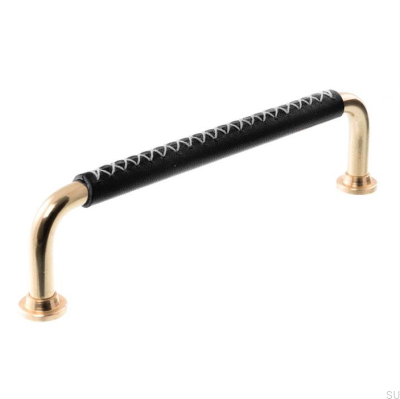 Tirador para mueble alargado LX 1353 128 Latón pulido con cuero negro