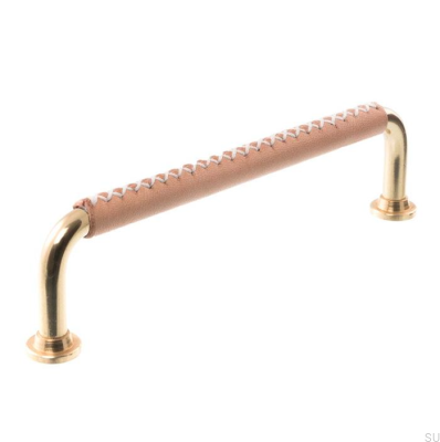 Tirador para mueble alargado 1353 128 Latón pulido con cuero