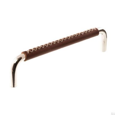 Tirador para mueble alargado LX 7353 96 Níquel pulido con cuero marrón