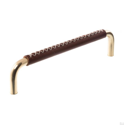 Tirador para mueble alargado 7353 96 Latón pulido con cuero marrón oscuro