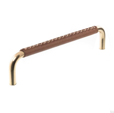 Tirador para mueble alargado 7353 96 Latón pulido con cuero marrón