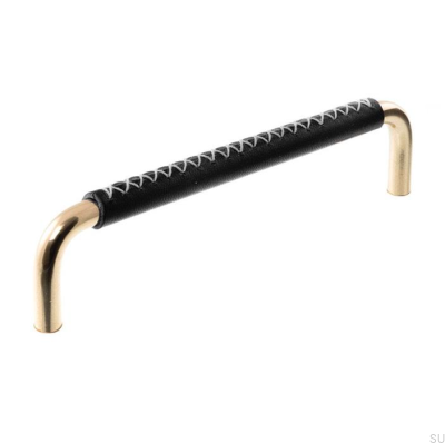 Tirador para mueble alargado 7353 96 Latón pulido con cuero negro