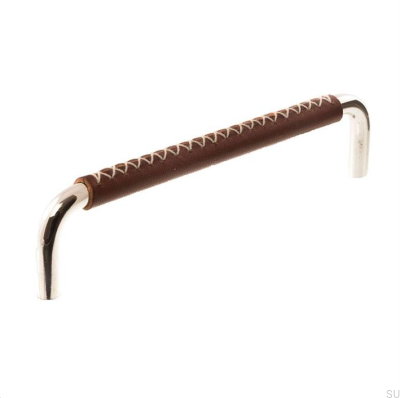 Tirador para mueble alargado LX 7353 128 Níquel pulido con cuero marrón