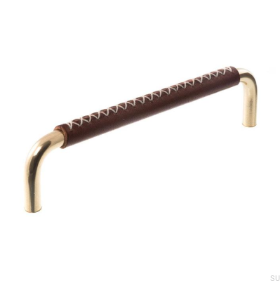 Tirador para mueble alargado 7353128 Latón pulido con cuero marrón oscuro