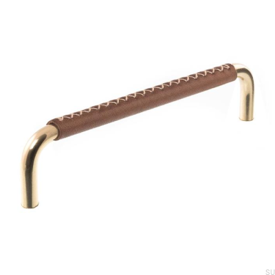 Tirador para mueble alargado 7353 128 Latón pulido con cuero marrón