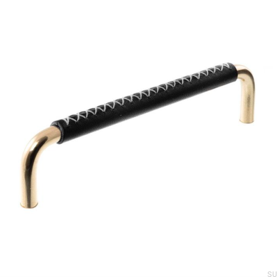Tirador alargado para mueble 7353 128 Latón pulido con cuero negro
